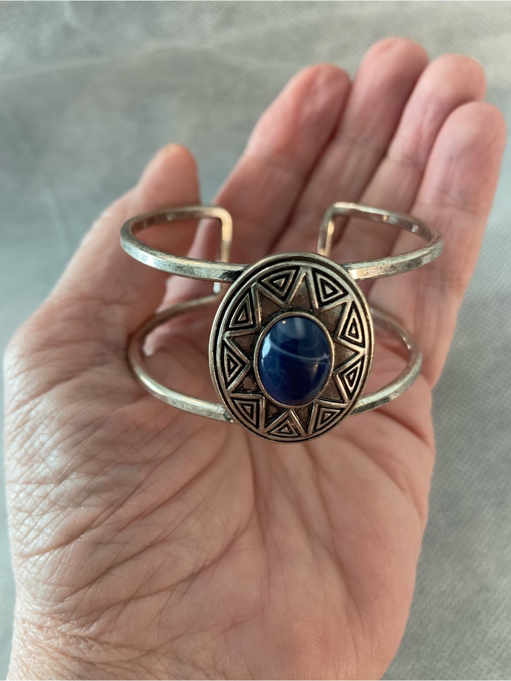 Boho Southwestern Silver Tone Cuff Bracelet Blue Cabochon Statement Bracelet